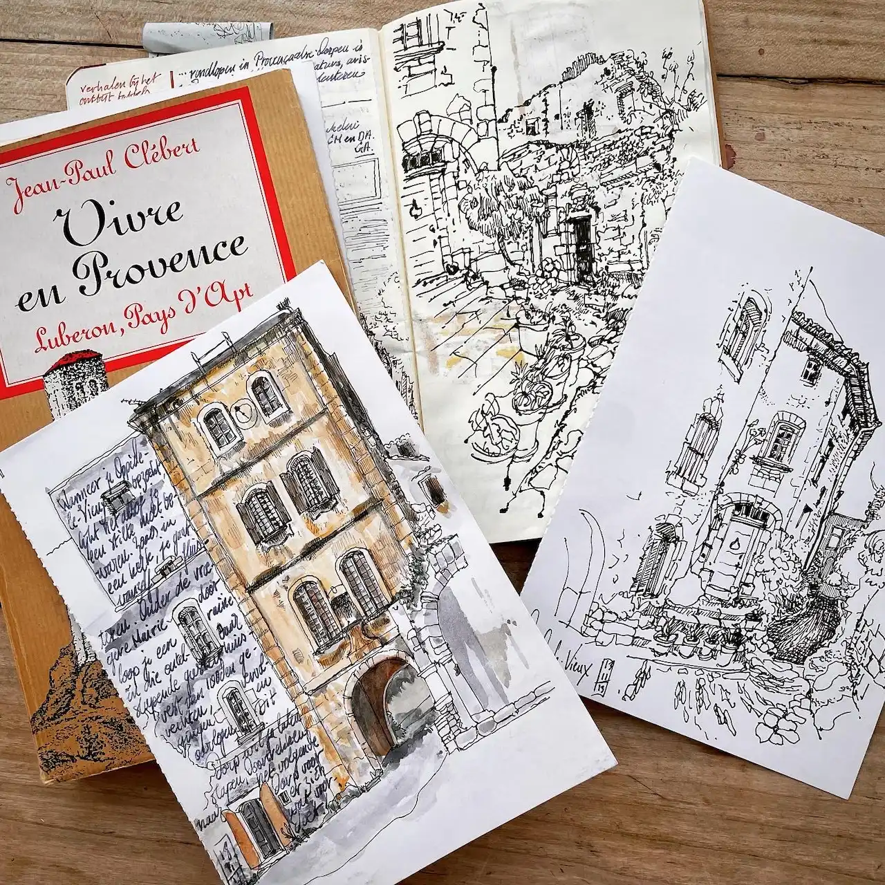 Three sketches of Oppède-le-Vieux and book